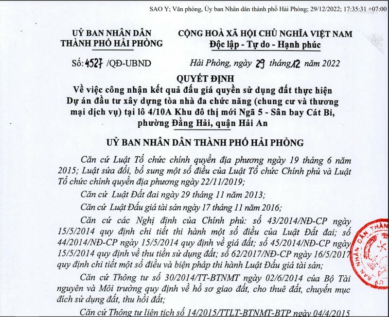 Quyết định về việc công nhận kết quả đấu giá Quyền Sử Dụng Đất Chung Cư Cao Cấp Golden Crown