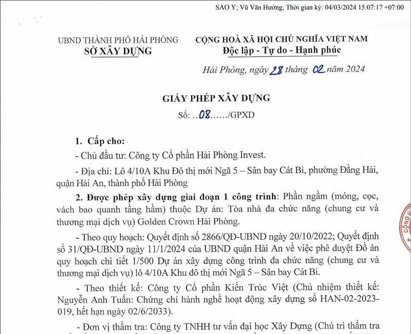 Giấy phép xây dựng phần ngầm Chung Cư Cao Cấp Golden Crown_nhaphohaiphong